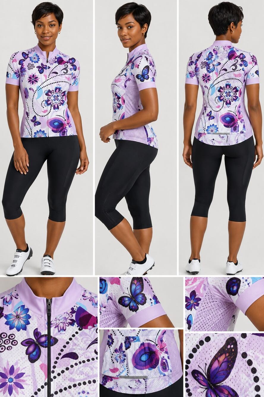 Xingrass Women’s M Cycling Jersey Purple Floral Butterfly Full Zip